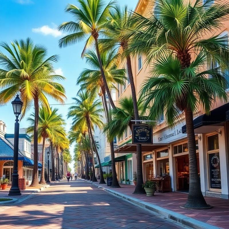 Historic downtown Venice with palm trees and charming shops