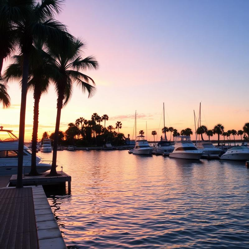 Scenic waterfront marina at sunset